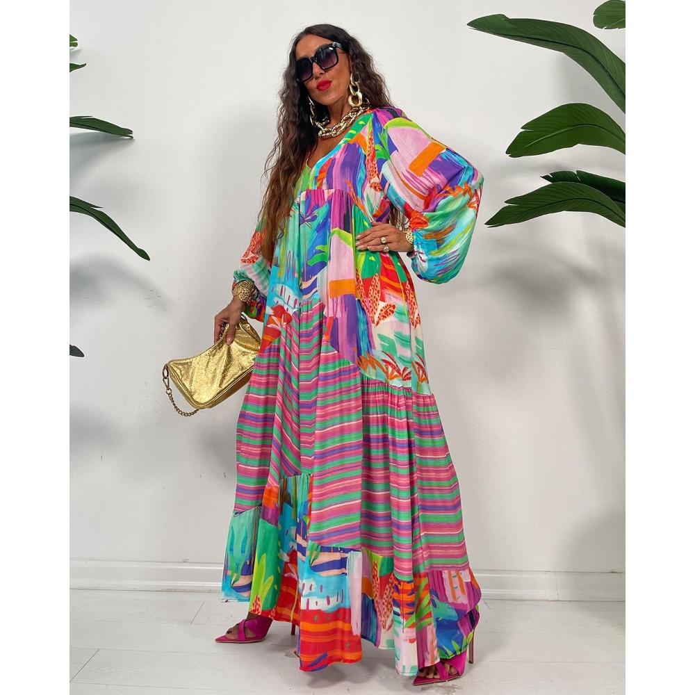 Women's V Neck Long Sleeve Maxi Dress Colorful Tropical Striped Print Loose Tiered Ruffle Big Swing Vacation Dress