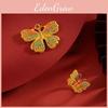 Silk Flower Elegant Enamel Butterfly Ring And Pendant Jewelry Set In Color Golden