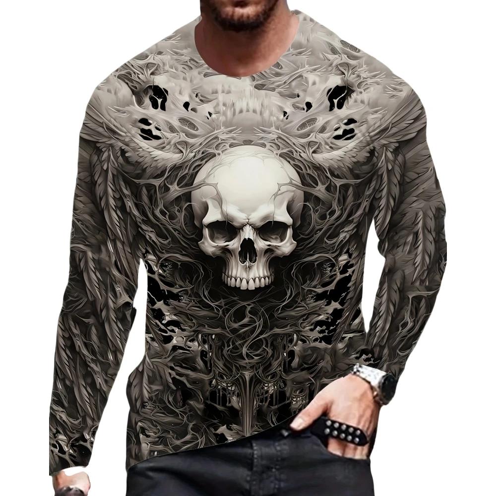 

Мужская футболка с 3D-принтом черепа, футболка оверсайз с круглым вырезом, футболка с длинным рукавом, винтажные футболки, спортивная одежда, мужская одежда S