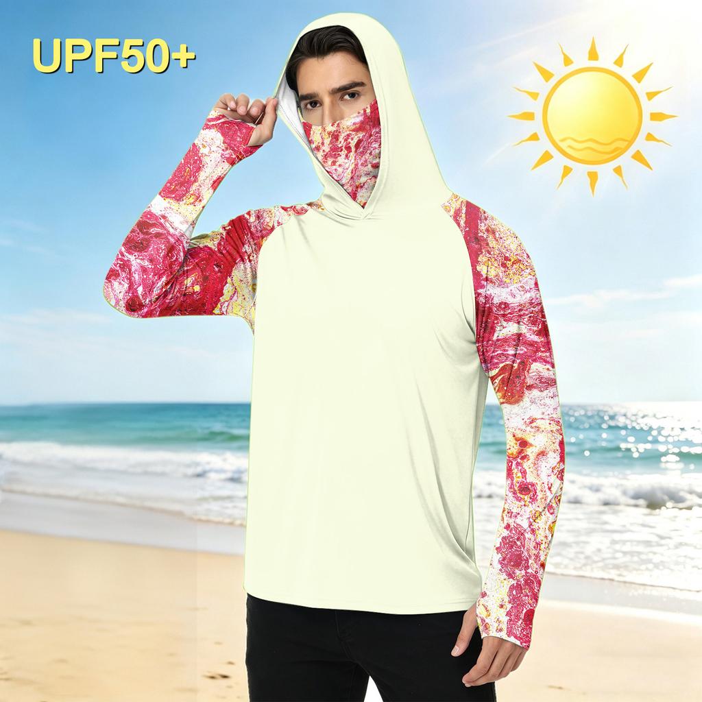 Men's Casual Outdoor Hooded Long Sleeve Sun Protection Shirt Tie Dye Print Lightweight Breathable Quick Dry Fabric