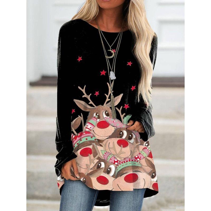 Christmas Gift 3D Printed Long Sleeved T-shirt for Women, Fashionable New Year Round Neck Top