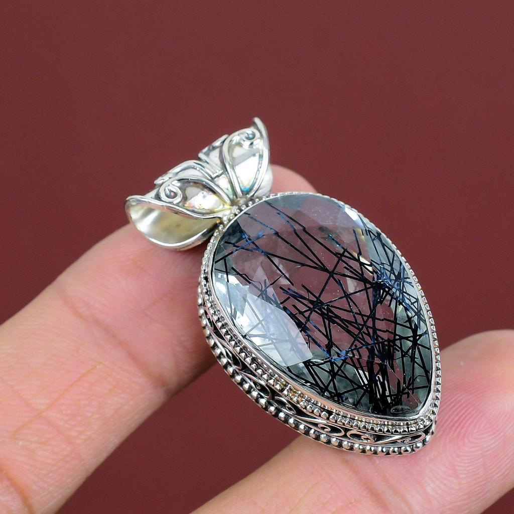 Faceted Black Rutile Pendant 925 Sterling Silver Pendant Handmade Jewelry Natural Gemstone Pendant Very Pretty Vintage Pendant Wedding Gifts