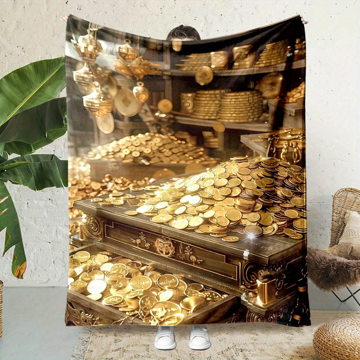 

A treasurestyle flannel blanket with a gold pattern warm and soft perfect for sofas beds living rooms offices and travel 75x100cm