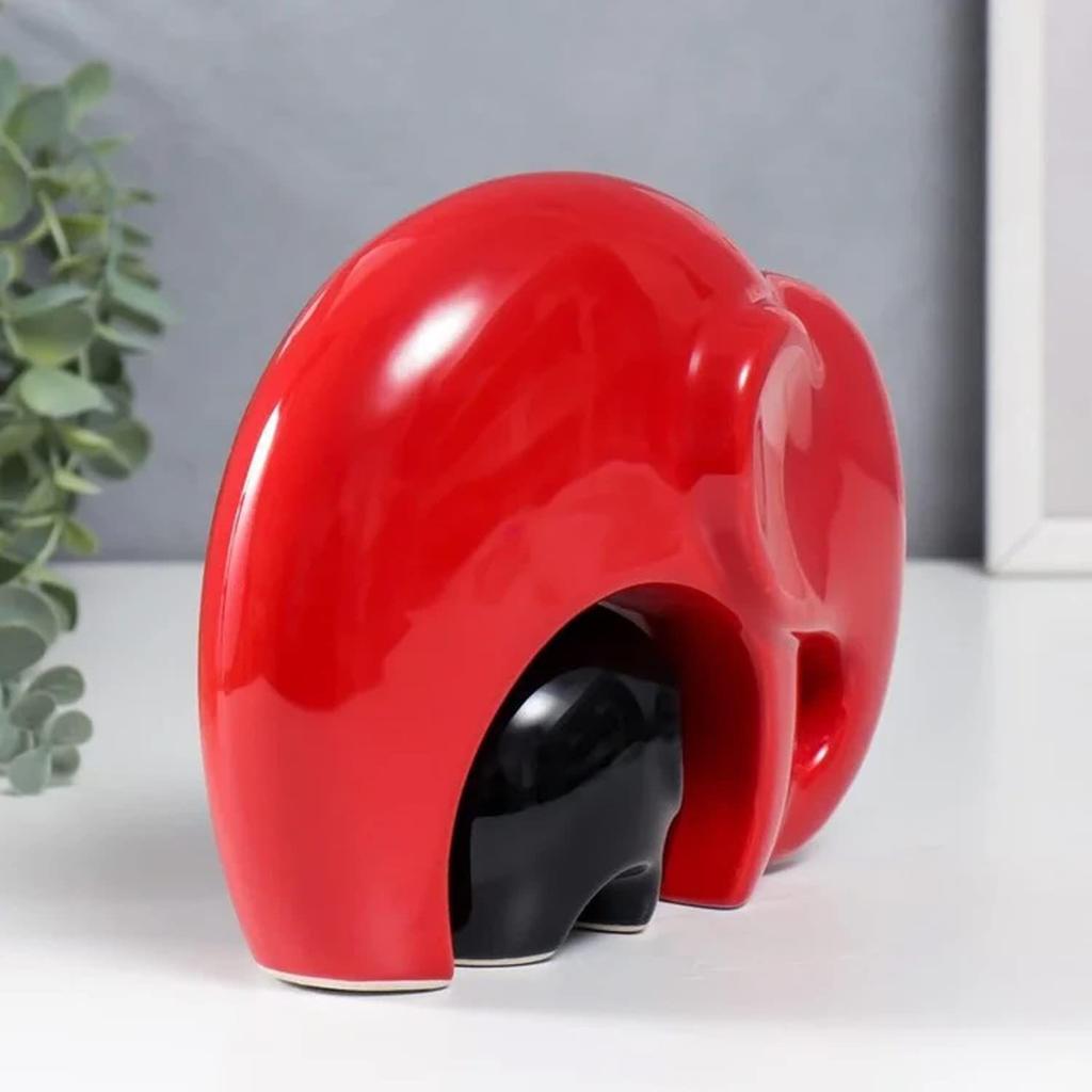 Home Décor Lucky Charm Elephant Mother & Child | Piano Finish Ceramic Figures - (Set of 2 Piece, Red and Black)