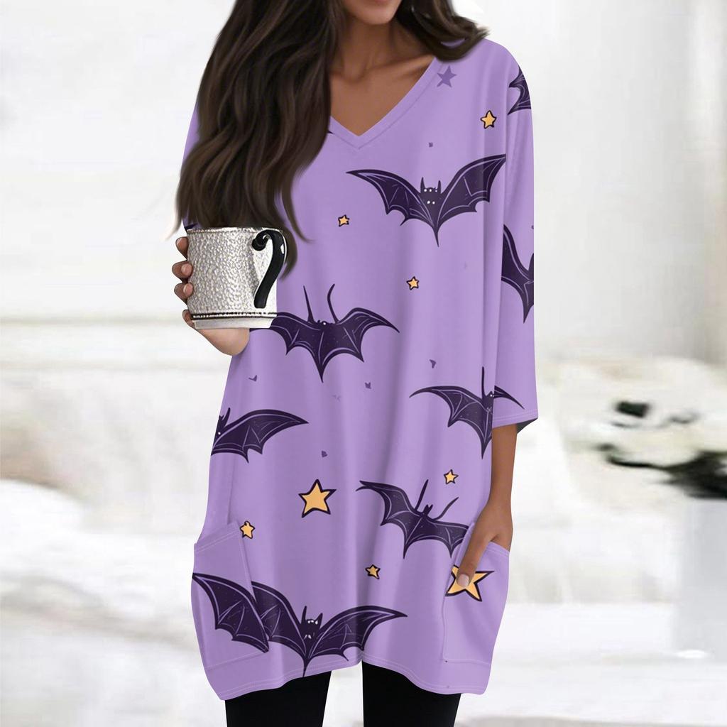 Womens Tops V-neck 3/4 Sleeve Blouses Casual Mid-length Shirts Fashion Halloween Print Tunic Tops With Pockets