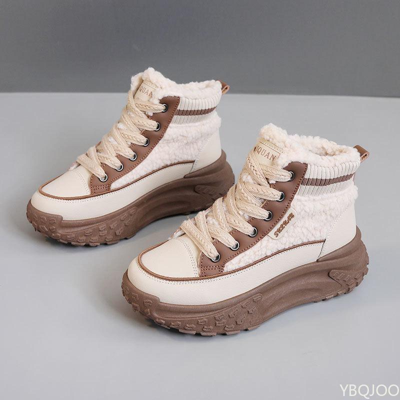 New Autumn Winter Cotton Shoes with Warm High Top Color Blocking Plush Height Increasing Simple Comfortable Women's Shoes