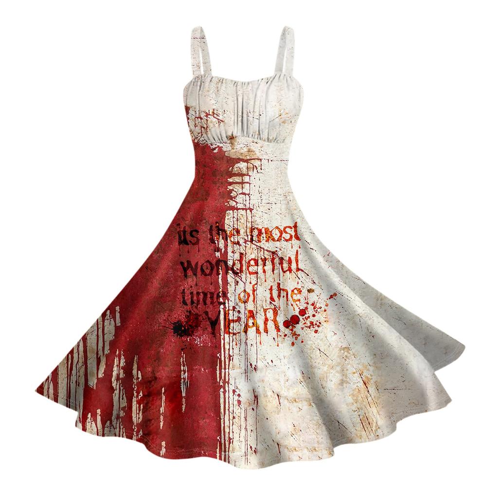 Dámské vintage bez rukávů plisované patchworkové roztomilé A-line lemované halloweenské potištěné šaty