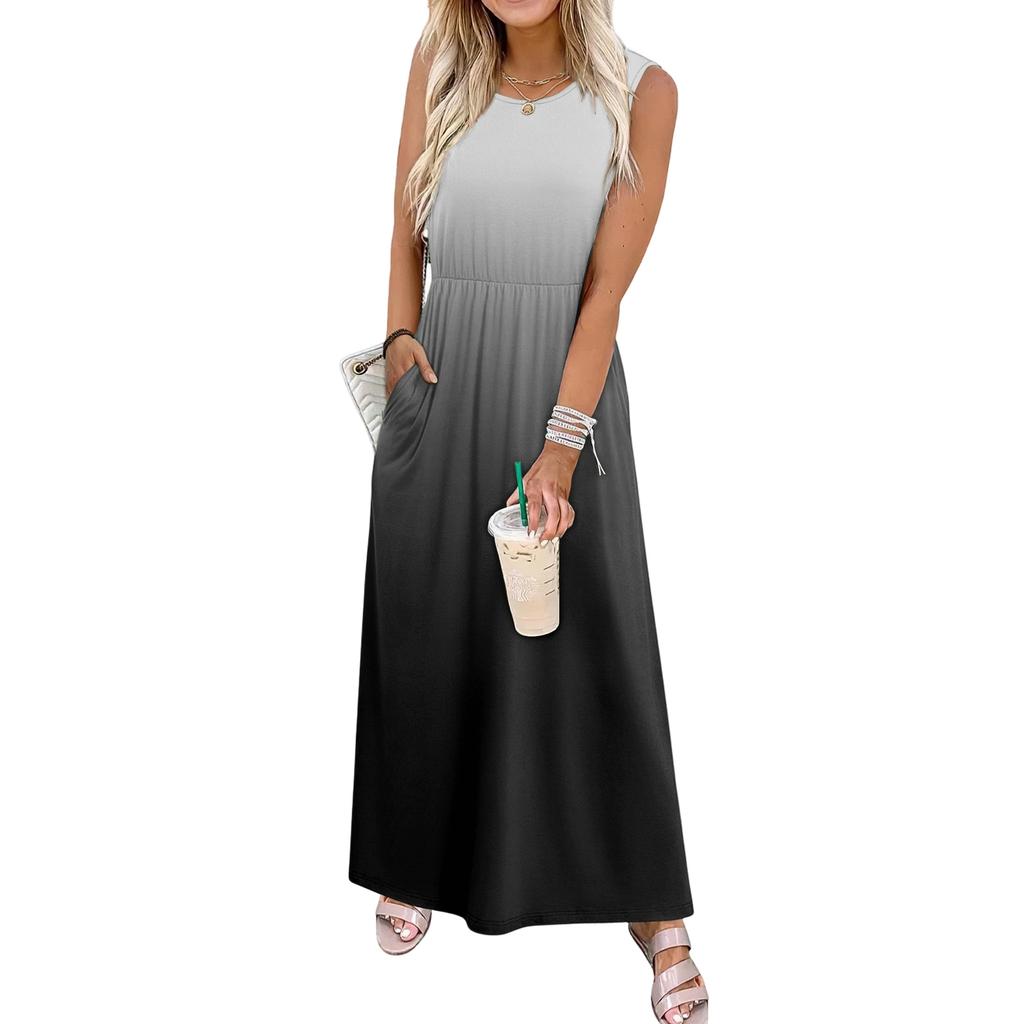 Ladies' Gradient Printed Casual and Fashionable Waist Cinched Sleeveless Dress