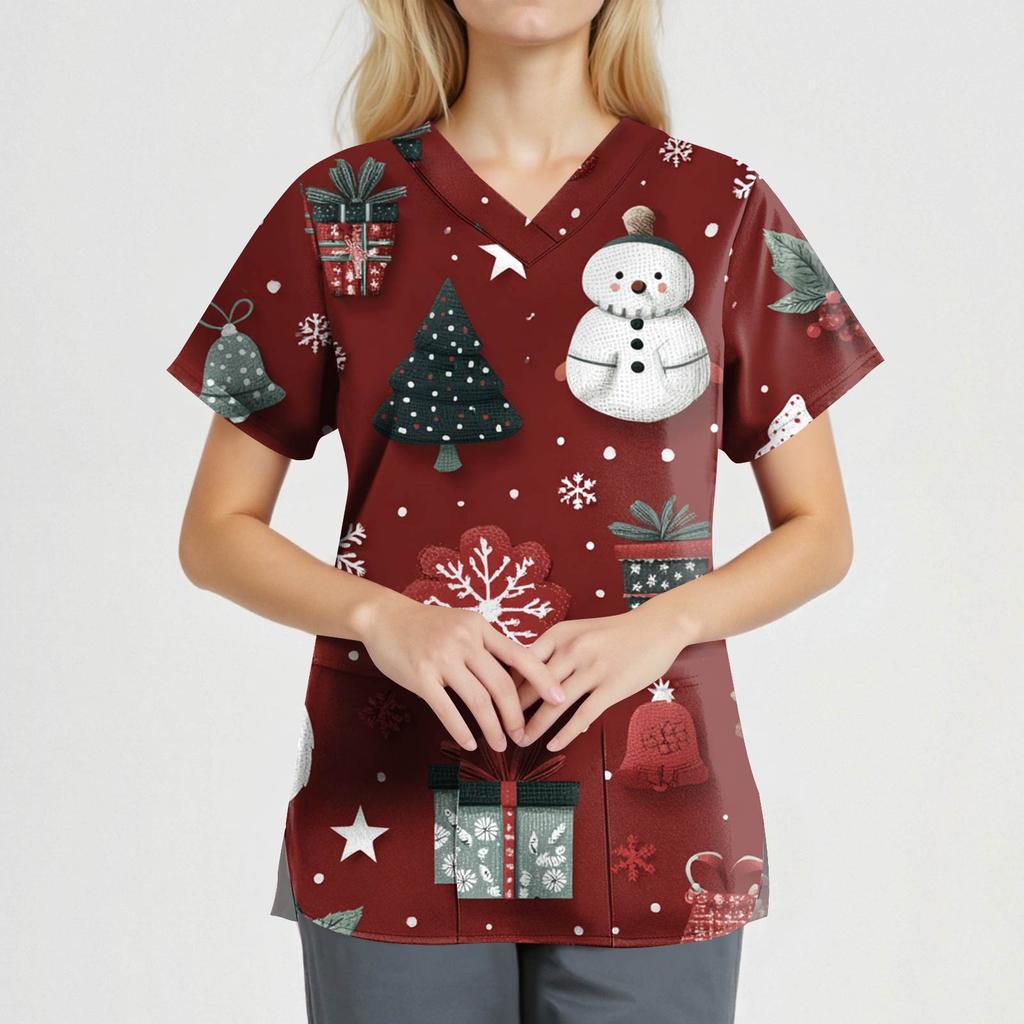 Dammode V-ringad Kortärmad Arbetskläder Med Fickor Jultryck Topp Vårdgivare Uniform