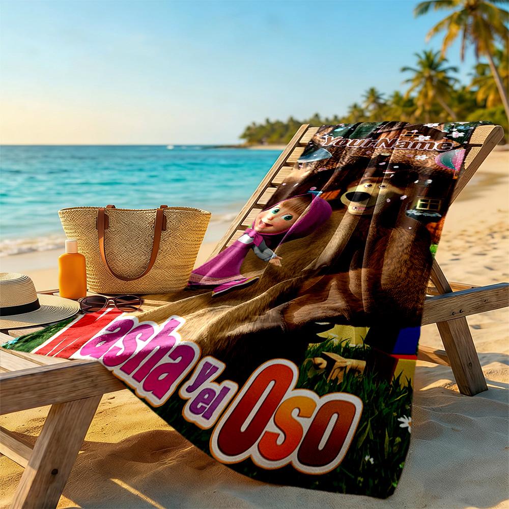 Masha Bear Personalized Text Beach Towel High Absorbency & Quick-Dry Suitable for Swimming Gym Camping Yoga Vacation