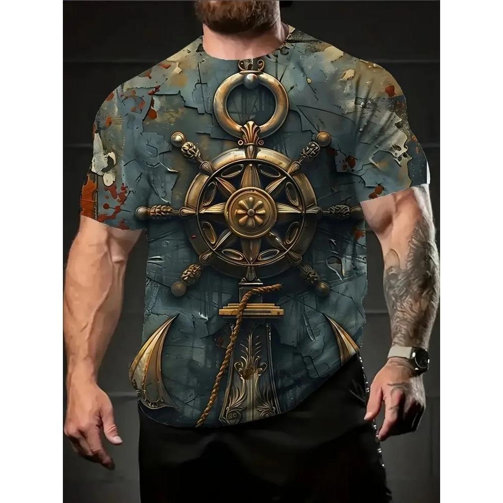Retro Steamship Pattern 3D Print Short Sleeve T-shirt Summer Comfortable Fashionable Breathable Plus Size Casual Versatile Sports Men's T-shirt