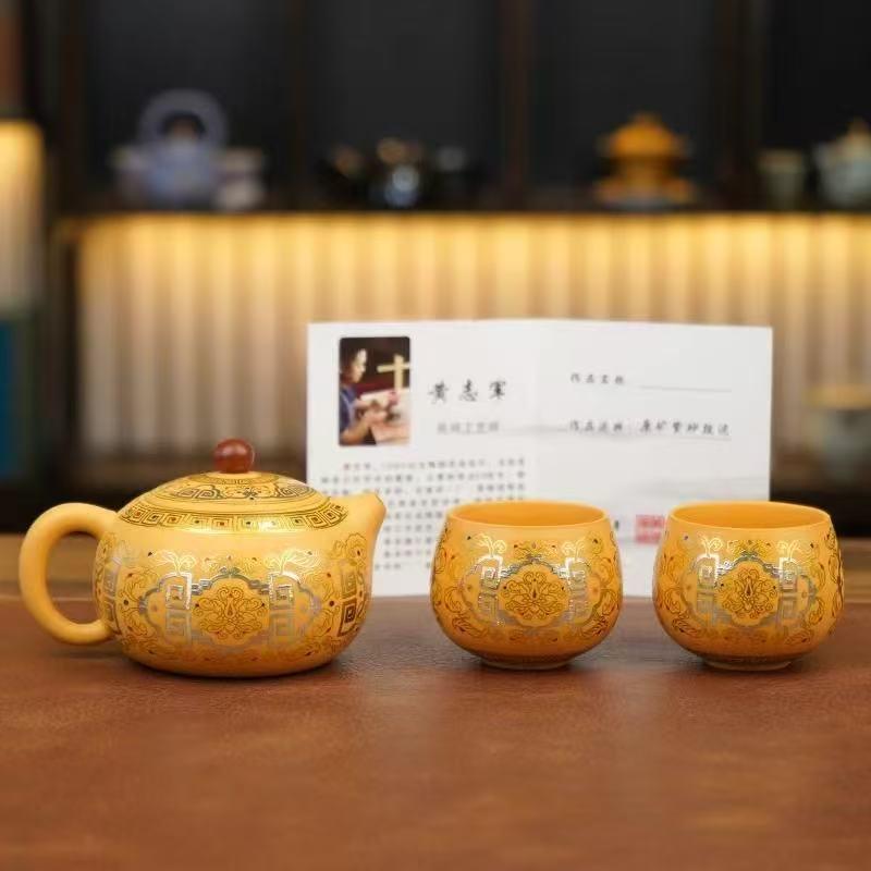 High end enamel ceramic Fengming teapot gold section clay one pot two cups Xishi portable tea brewing set