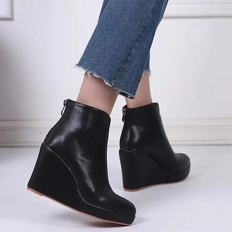 2025 Autumn-early Winter Shoes, Women's Platform Ankle Boots, Modern Women's Wedge Shoes 10 Cm, Pure Black, White, Plus Size 42