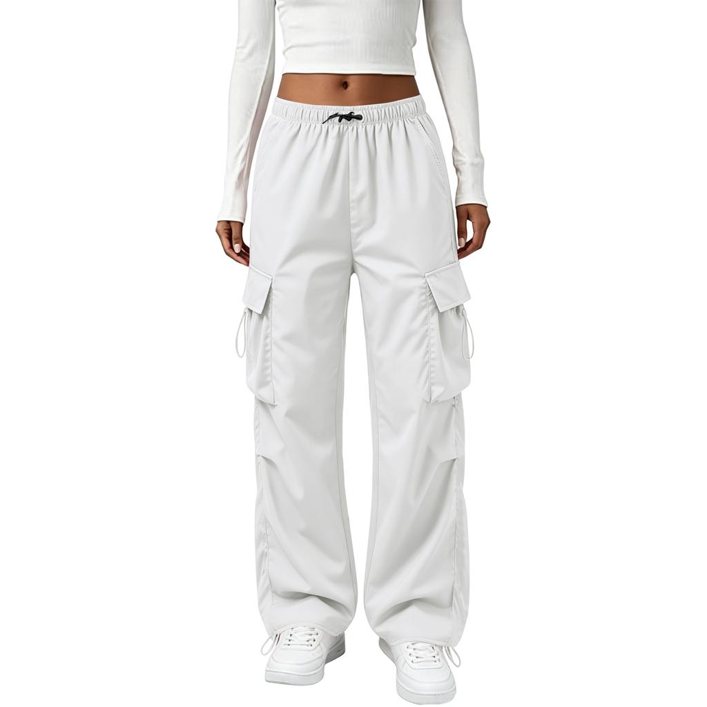 Women's Vintage Straight Leg Cargo Pants Elastic Waistband Drawstring Adjustable Hem Utility Workwear Trousers