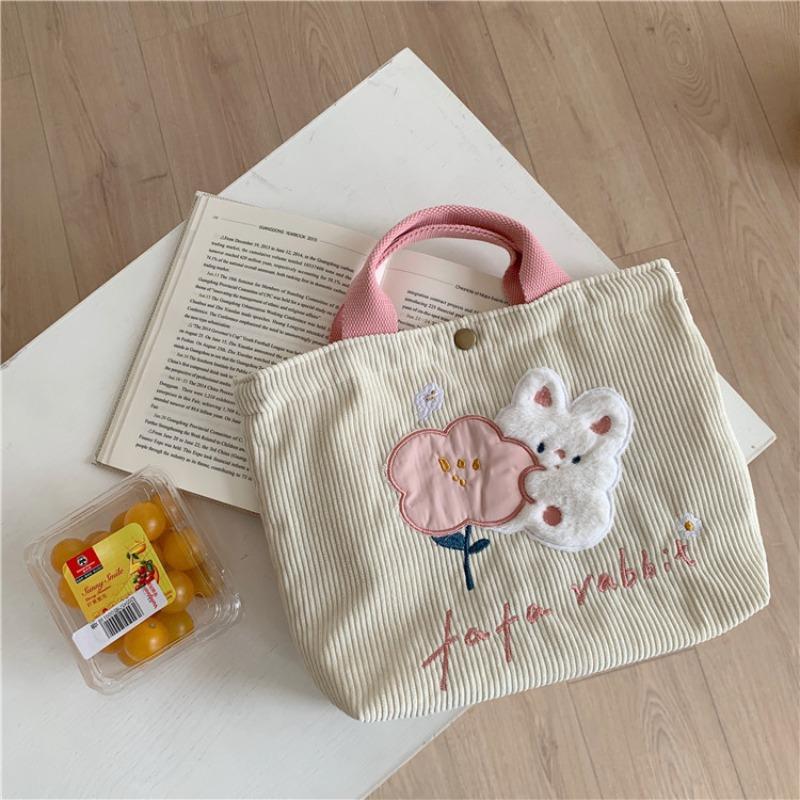 1 Cute cartoon rabbit embroidered canvas bag corduroy tote bag schoolgirl commuting bento bag