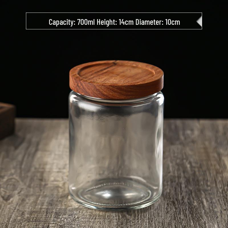 Large Glass Storage Jar with Striped Wooden Lid, Airtight & Food-Grade, Round Transparent Chinese Kitchen Collectible