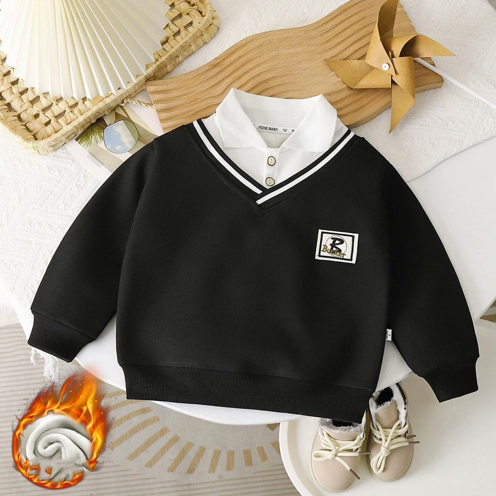 Boys' Lapel POLO Shirt Spring Autumn and Winter Sweaters British Style Fake Two-piece Middle-aged Children's All-match Fashion