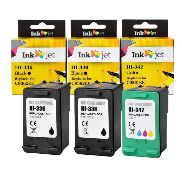 Pack 3 cartouches compatibles HP 336 &amp; 342 - 2x noir + 1x couleur pour DeskJet/OfficeJet/PhotoSmart/PSC