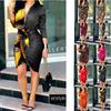 BITCED Women's Summer V-Neck Tie Solid Colour Long Sleeve Mid-Length Shirt Dresses