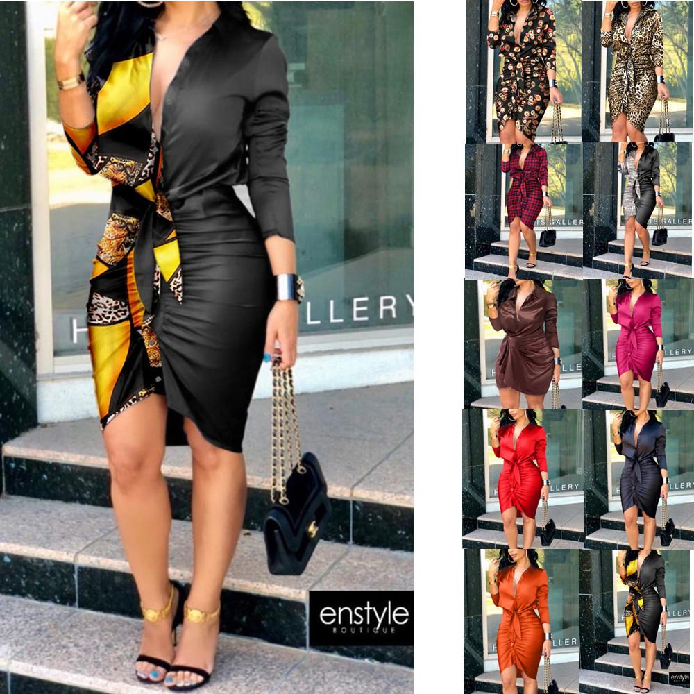 BITCED Women's Summer V-Neck Tie Solid Colour Long Sleeve Mid-Length Shirt Dresses