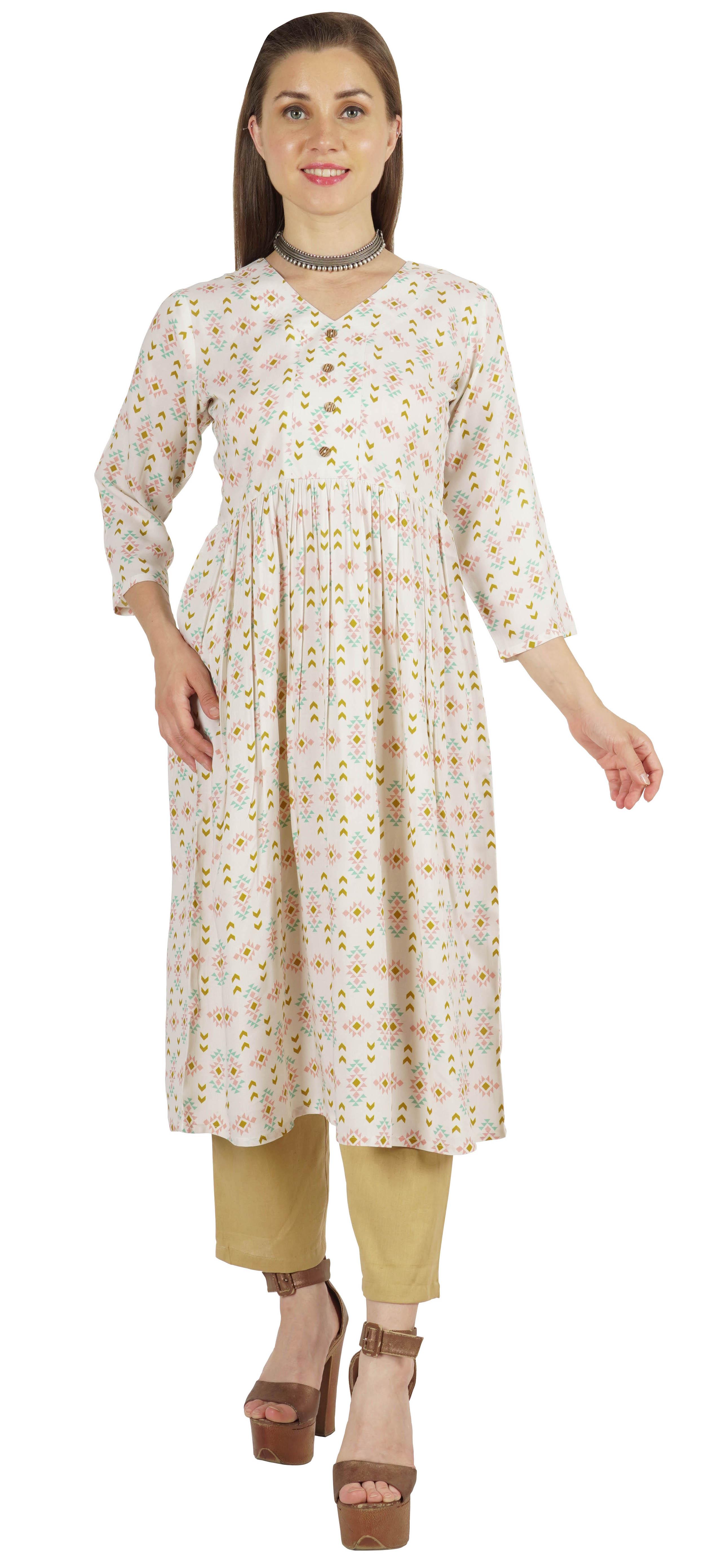 

Moomaya А-силует Kurti Rayon 3 4 рукави з принтом районної туніки Сукня Етнічна Курта для XS білий