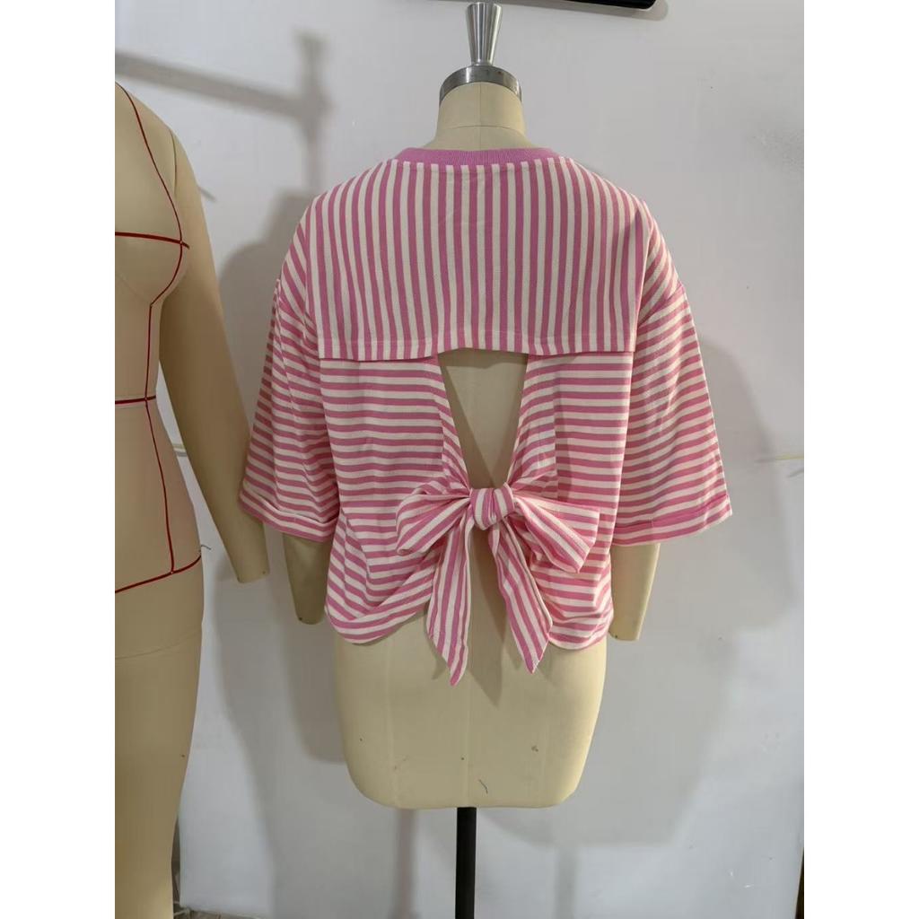 Neues gestreiftes Rundhals-Strickoberteil für Damen mit Schleife am Rücken für die Freizeit