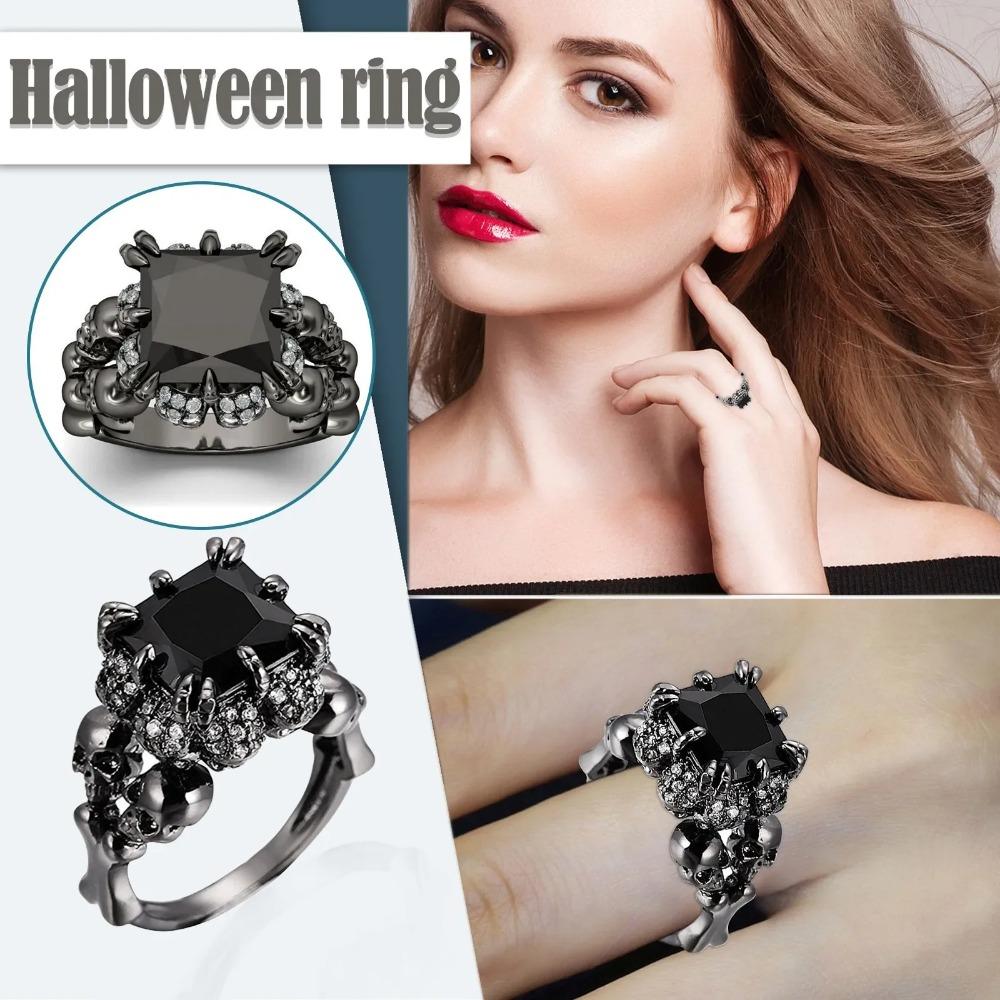 Personality Punk Skull Retro Gothic Style' Black Simple Ring Rings for Wmen Men Halloween Black Zircon Jewellry