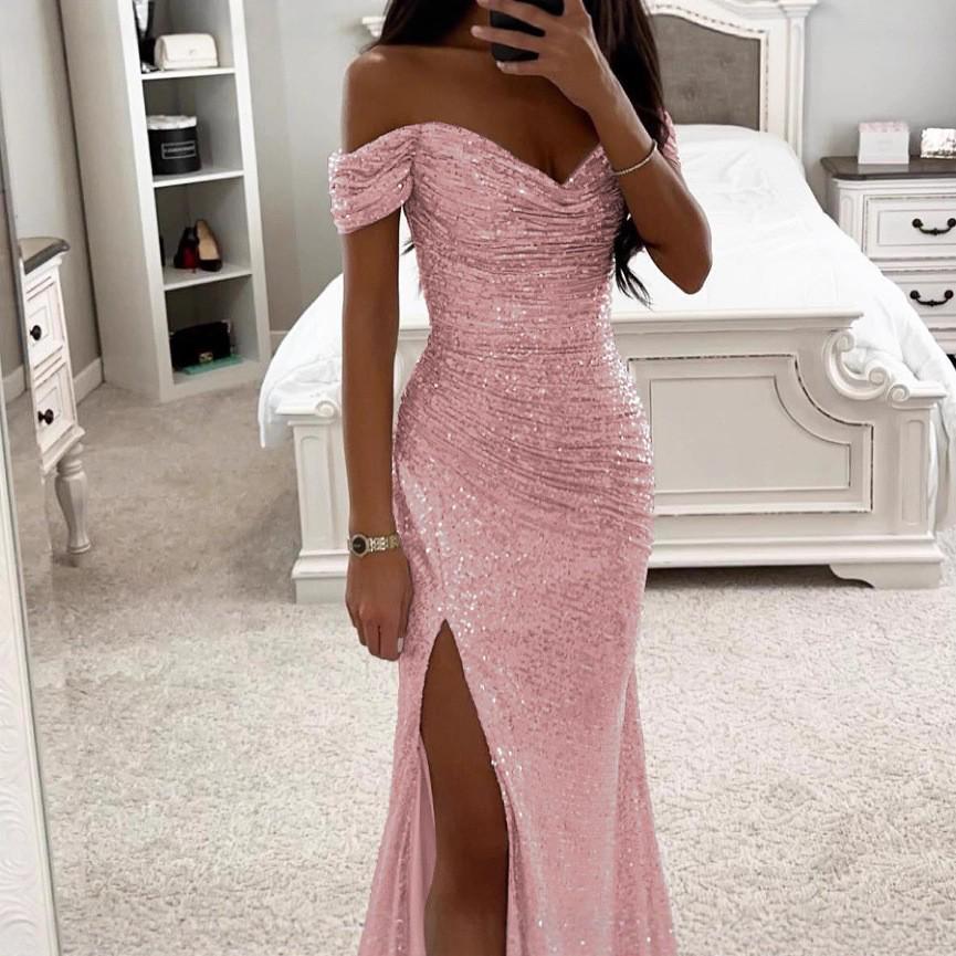 Europäisches & Amerikanisches One-Shoulder Pailletten-Schlitzkleid - Damen Freizeit Party Mode