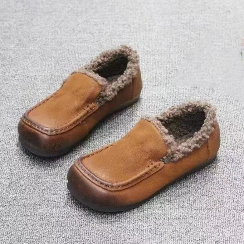 Doudou shoes women's winter velvet warm snow boots fluffy soles retro one-pedal round head flat cotton shoes