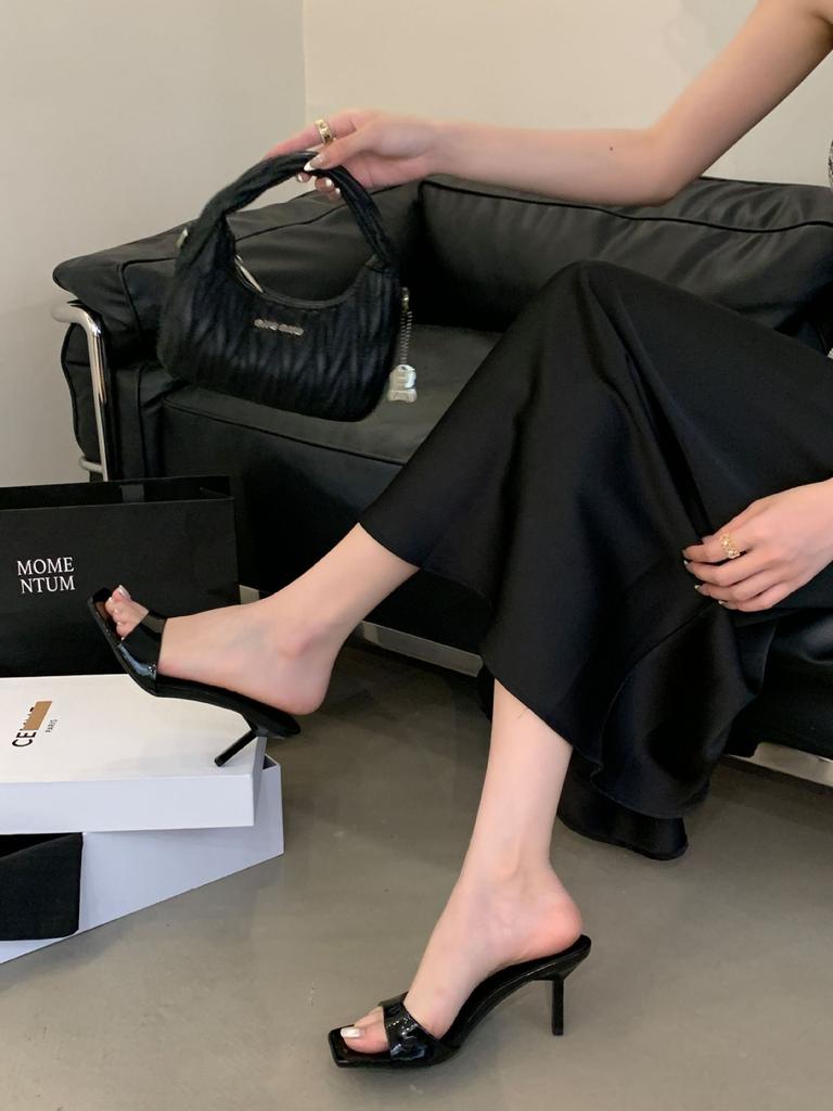 Black high-heeled one-word slippers women's spring and summer 2025 new French temperament sandals nude thin-heeled light-mouth sandals