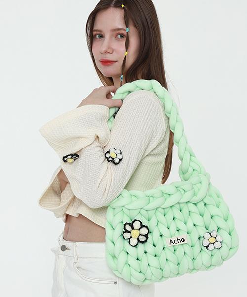 Acho Daisy Knitted Pompon Shoulder Bag_Mint