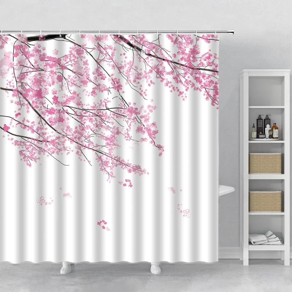 

Розовые Цветы Сакуры Шторы для душа Японские Цветущие Вишни Деревья Цветочный Рустикальный Садовый Пейзаж Тканевый Принт Декор для ванной комнаты 180x200cm-70x78in