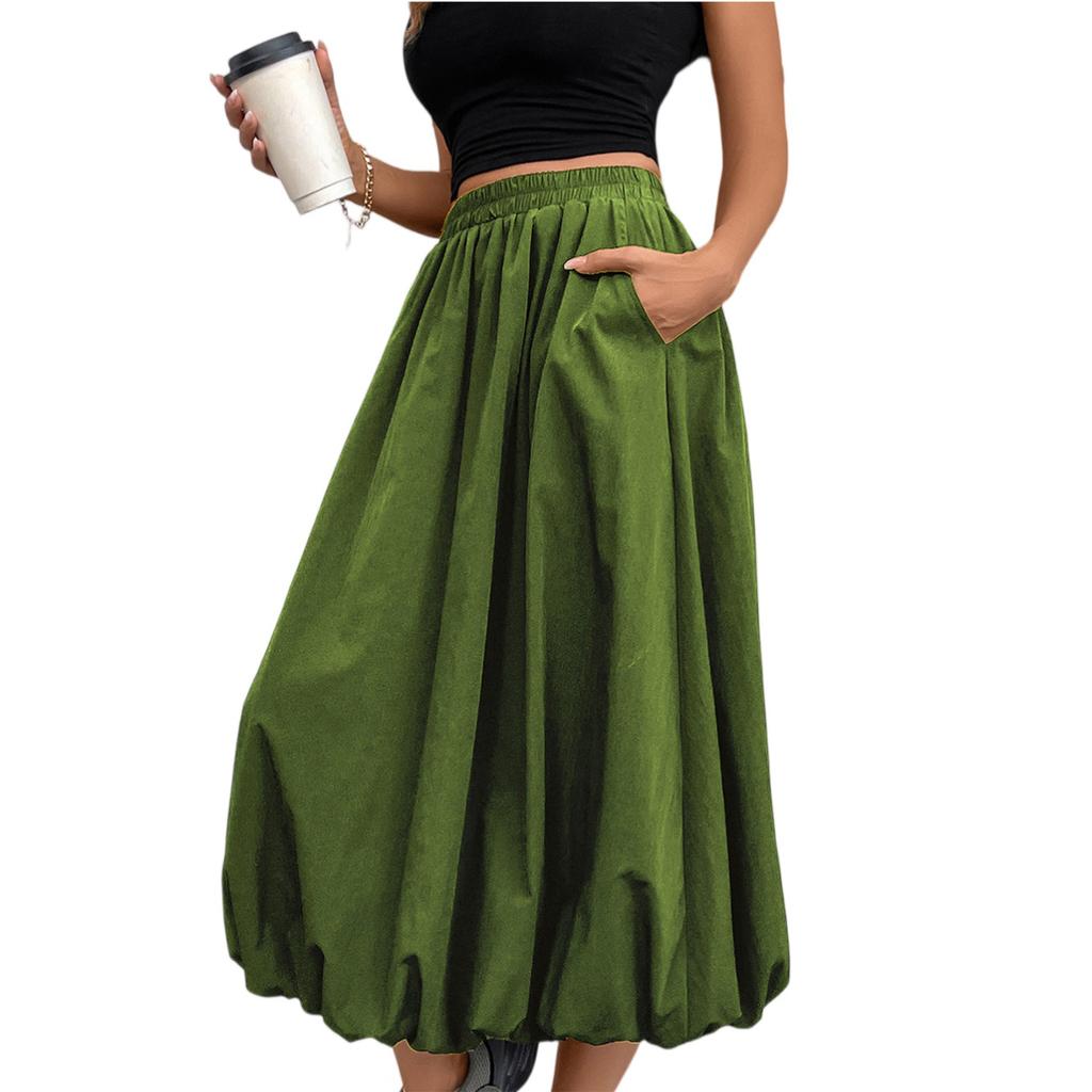 Falda de Media Longitud con Bolsillo de Color de Moda para Mujer, Holgada, Estilo Flor de Capullo, Cintura Elástica de Calle