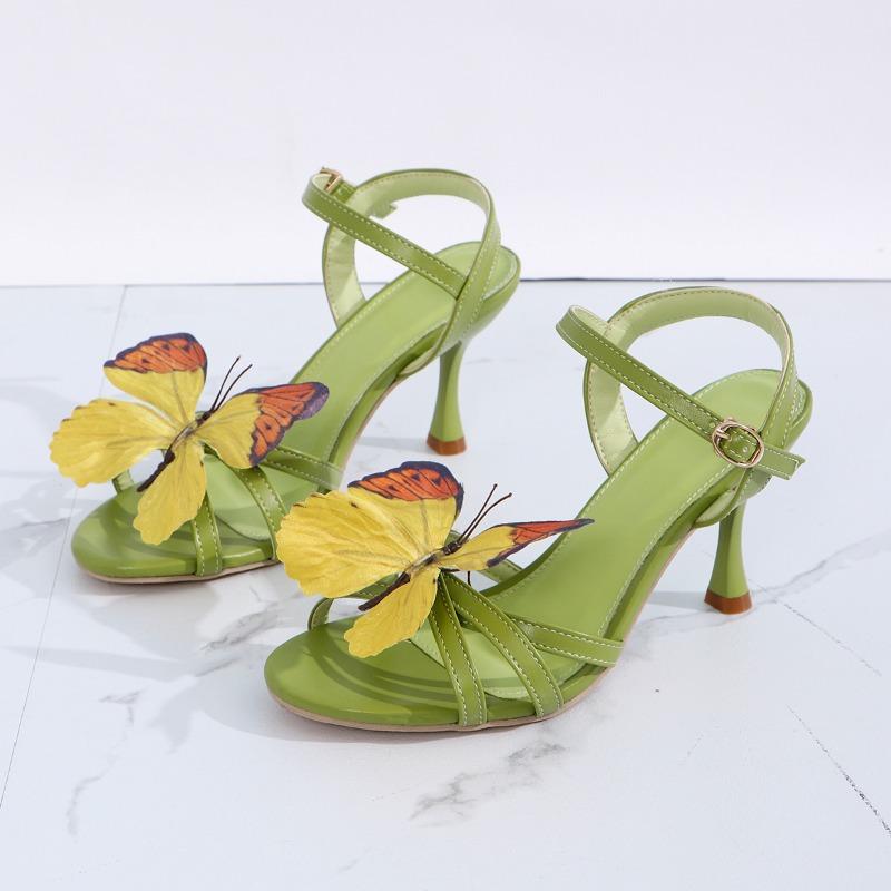 Mode Sommer Sexy High Heels Marke Damen Schmetterling Elegant Vielseitig Bequem mit Schnallenriemen Runde Spitze Stiletto Sandalen