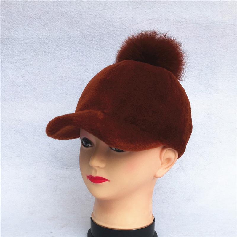 Gorra con visera para esquilar ovejas para otoño e invierno para mujer, nuevo gorro cálido de lana, gorro de piel con bola de piel de zorro real