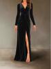 2025 Autumn/Winter Women’s Korean Velvet V-Neck Pleated Bodycon Dress with Elegant Slit