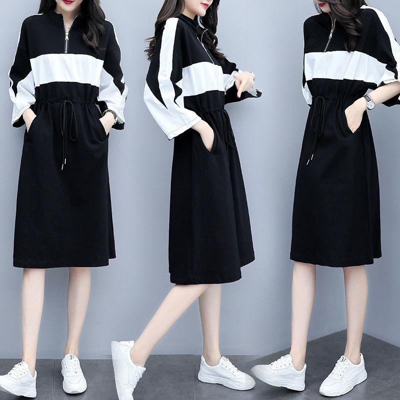 Fashion Contrasting Colors Spliced Casual Women's Korean Zipper Loose Drawstring Waist Midi Dresses