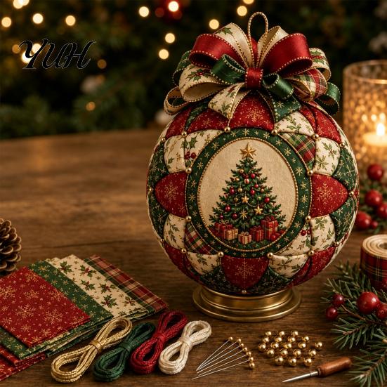 Festive Hanging Decor Quilted Fabric Christmas Ornament Ball DIY Kit, Patchwork Craft Material Pack Tree for Beginner, Handmade Xmas Adults