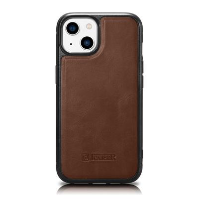 Case Covered with Natural Leather for iPhone 14 Plus Leather Oil Wax Dark Brown