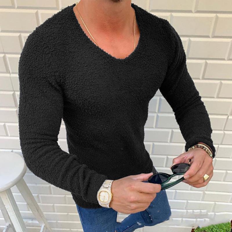 Men's Slim Fit V-Neck Double-Sided Fleece Solid Color Long Sleeve Sweater