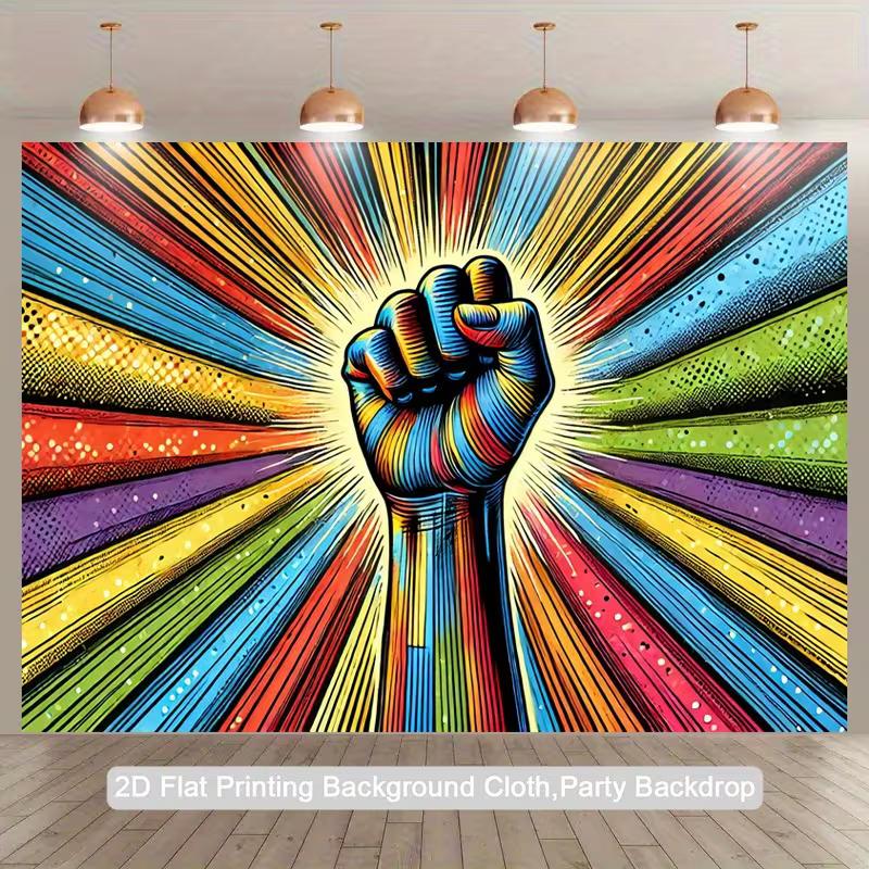 

2D Flat Printing Retro Fist Backdrop Vibrant Rainbow Sunburst with Comic Style Fist Background 47.2x31.5inch/120*80cm