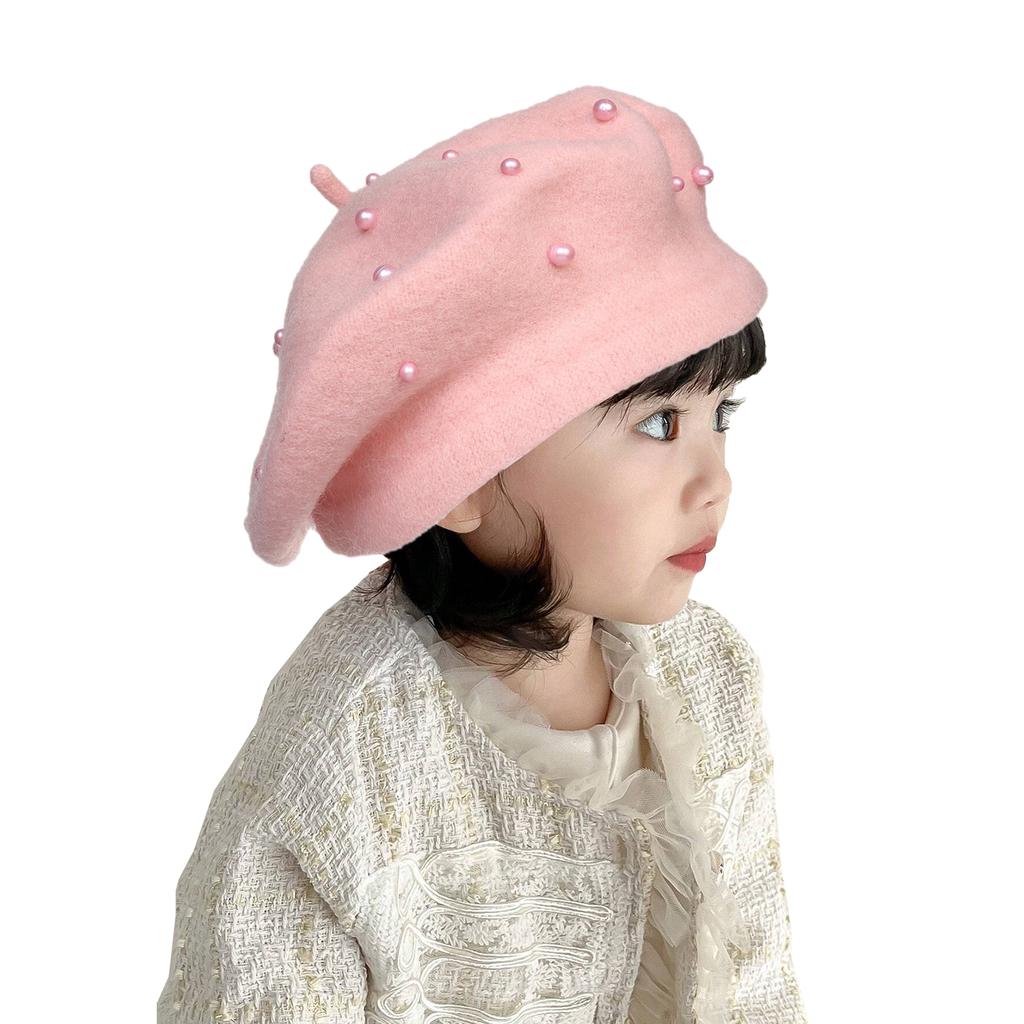 Kids Pearl Decor Beret Hat, Girls French Style Wool Painter Beret, Autumn Winter Warm Beanie Cap for 2‑6 Years Old, Head Circumference 48‑53cm
