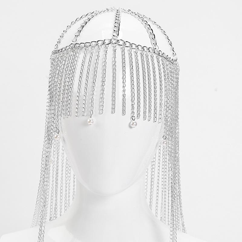 Exaggerated Long Tassel Aluminum Chain Headpiece with Pearl Pendant for Women