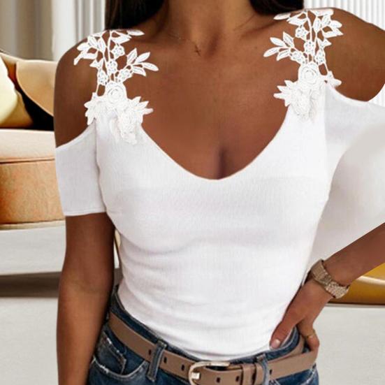 Top estivo da donna scollato con spalle scoperte maniche corte in pizzo decorazione floreale tinta unita scollo a U slim fit morbida maglietta da donna camicetta da uomo