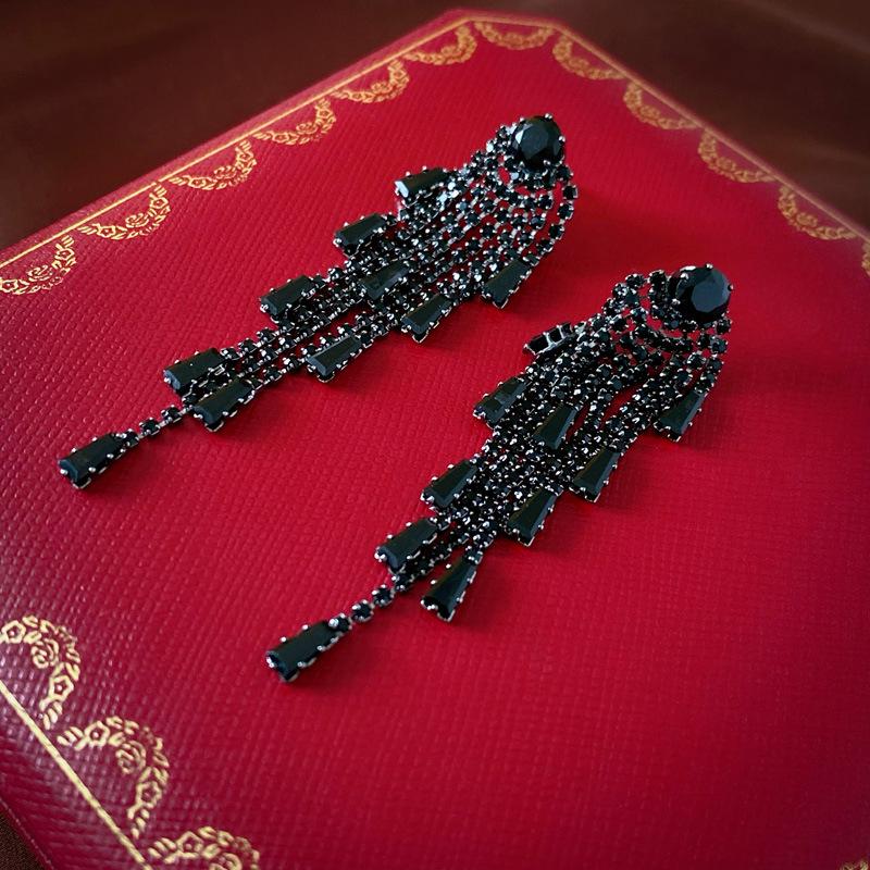 Elegant Black Zircon Tassel Drop Earrings: Luxury Fashion Statement Accessories