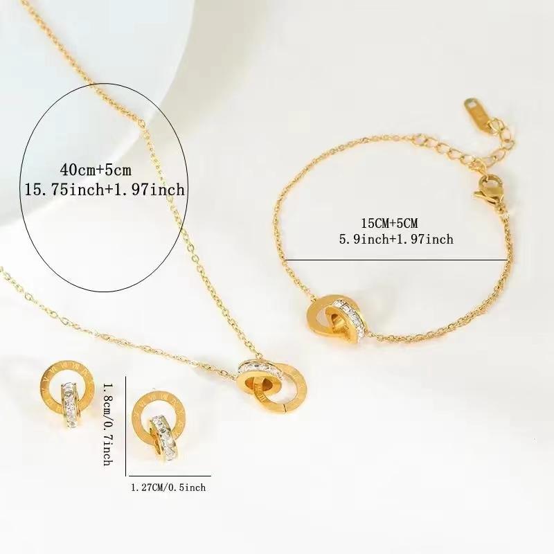 4 PCS Fashion Roman Digital Double Ring Pendant Necklace Bracelet Tiny Earrings Jewelry Set For Women Korean Style Daily Wear
