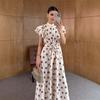 2026 European Retro Polka Dot Puff Sleeve Lace-up Slimming Dress