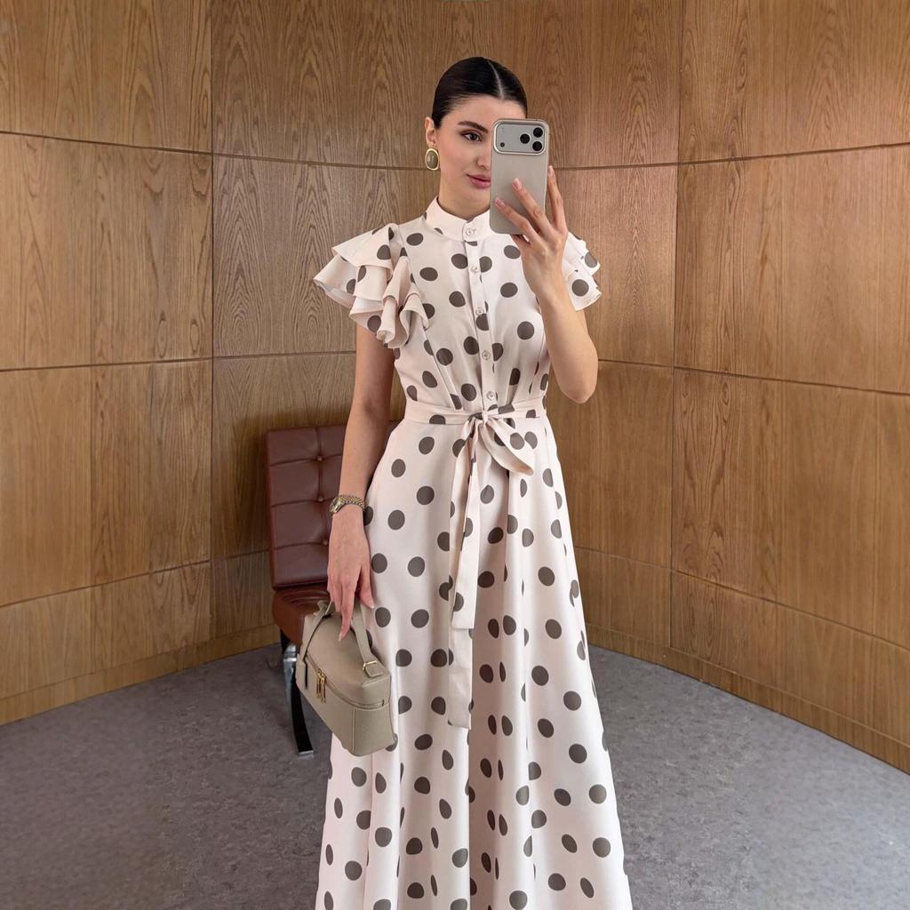 2026 European Retro Polka Dot Puff Sleeve Lace-up Slimming Dress