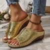 Fashion Women Gold Wedge Slippers New Summer Woman Crocodile Print Platform Sandals Female PU Leather Non Slip Beach Slides Plus Size 43