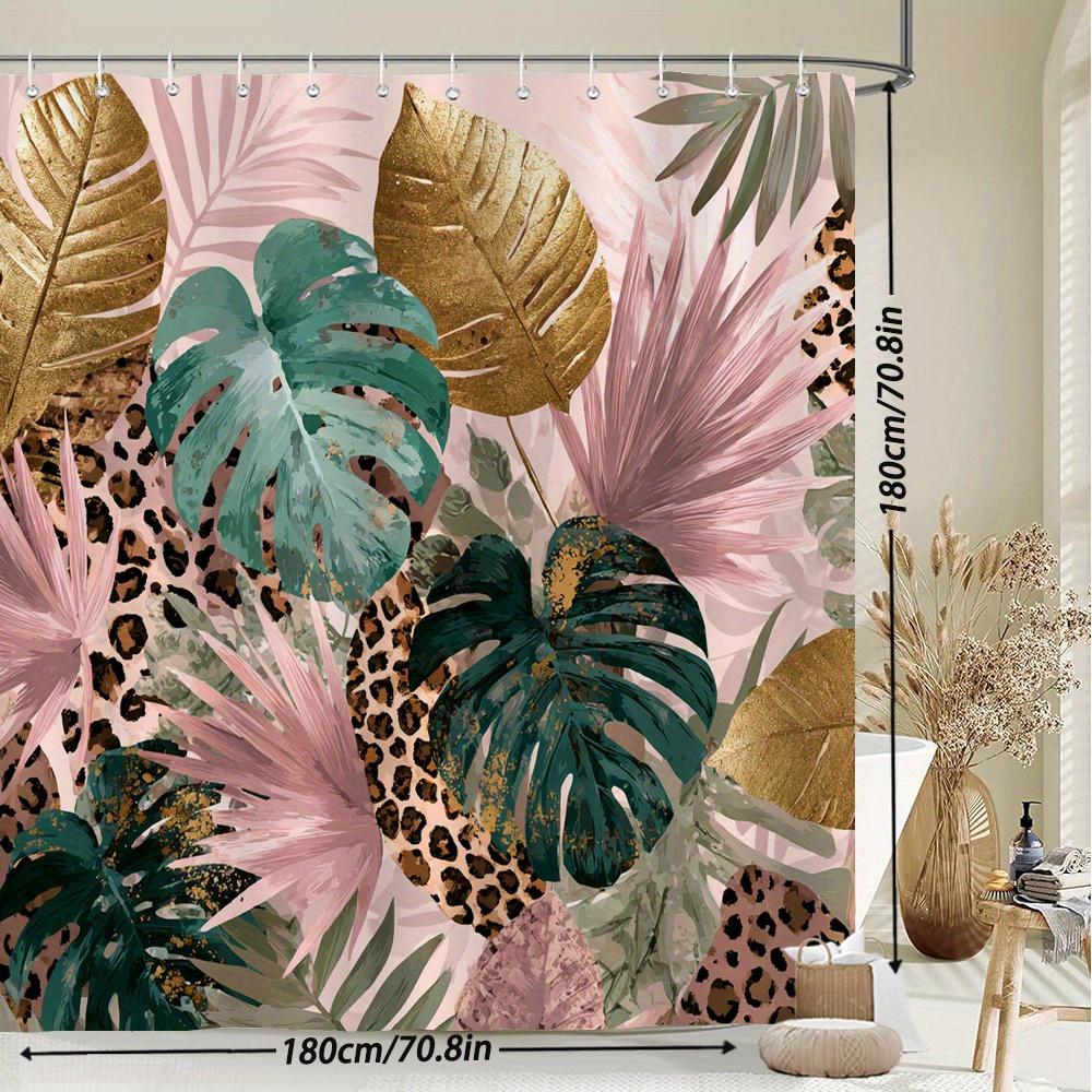 Tropical Jungle Shower Curtain – Pink Background With Emerald Gold Monstera Leaves, Leopard Print Accentsscenic Botanical Decor